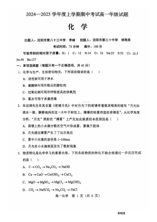 辽宁省沈阳市郊联体2024-2025学年高一上学期11月期中考试 化学 PDF版含答案.pdf