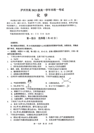 泸州市高2023级高一学年末统一考化学试题.pdf