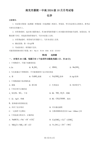 四川省南充市嘉陵第一中学2024-2025学年高一上学期10月月考试题 化学 PDF版含答案（可编辑）.pdf