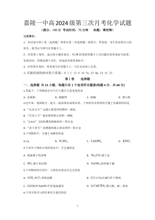 四川省南充市嘉陵一中2024-2025学年高一上学期12月月考化学试题 PDF版含答案_化学试题.pdf