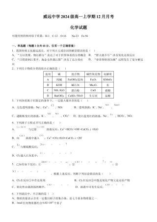 四川省内江市威远中学2024-2025学年高一上学期12月月考化学试题 Word版含解析.docx