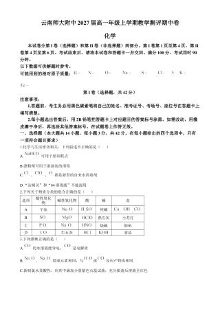 云南师范大学附属中学2024-2025学年高一上学期期中考试 化学 Word版含答案.docx