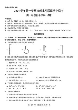 浙江省杭州市北斗联盟2024-2025学年高一上学期期中联考化学试题_化学试题.pdf