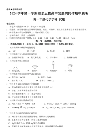 浙江省丽水市五校高中发展共同体2024-2025学年高一上学期11月期中联考化学试题.docx