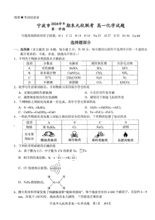 浙江省宁波市九校2024-2025学年高一上学期期末联考化学试卷（图片版，含答案）.pdf