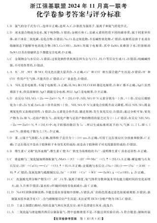 浙江省强基联盟2024-2025学年高一上学期11月联考_化学答案.pdf