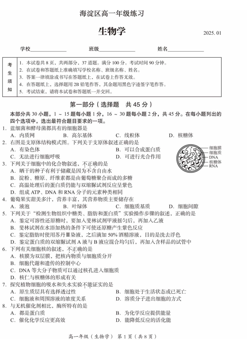 北京市海淀区2024-2025学年高一上学期1月期末考试生物试卷（扫描版有答案）.pdf_第1页