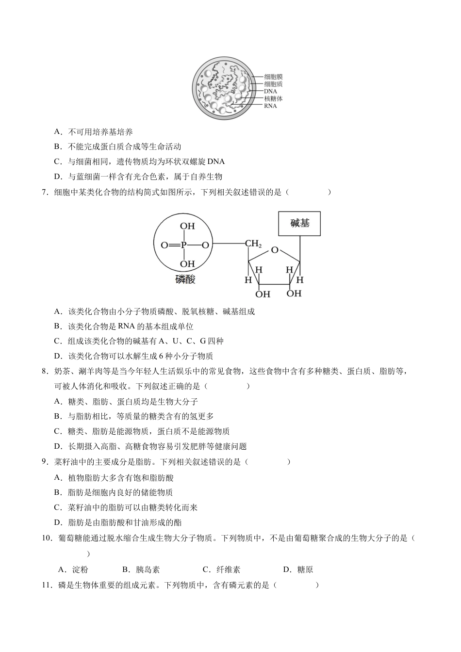 高一生物第一次月考卷（考试版A4）【测试范围：1~2章】（北京专用）.docx_第2页