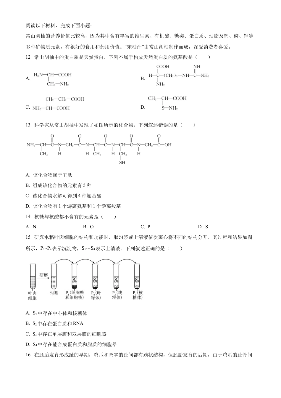 浙江省强基联盟2024-2025学年高一上学期10月联考试题 生物 Word版含答案.docx_第3页