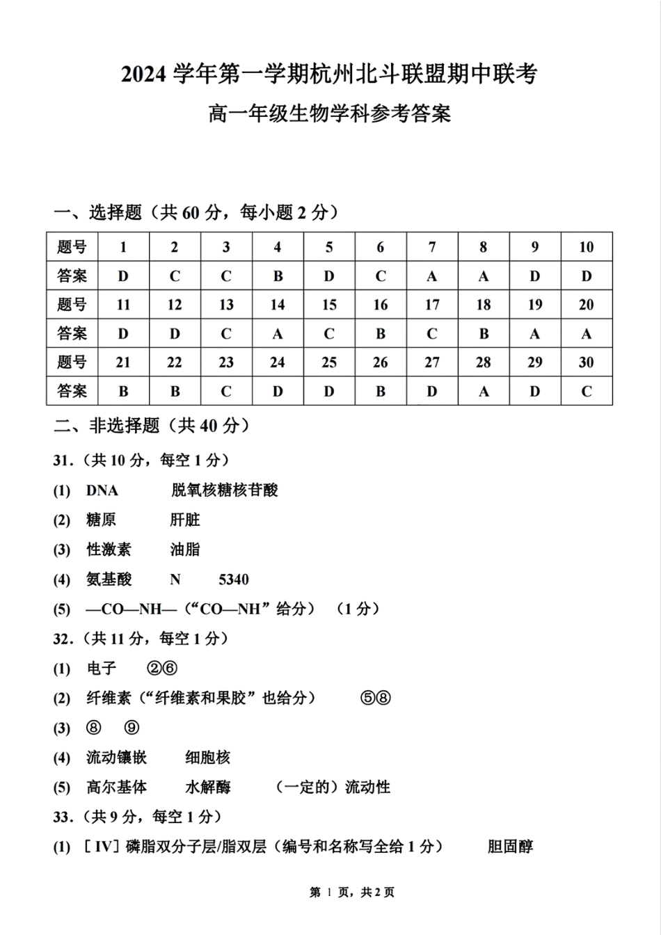 浙江省杭州市北斗联盟2024-2025学年高一上学期期中联考生物试题_生物答案.pdf_第1页