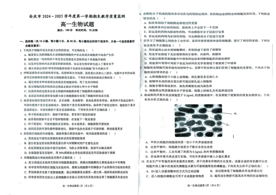 安徽省安庆市2024-2025学年第一学期期末统考高一生物试题及答案 高一生物试题.pdf_第1页