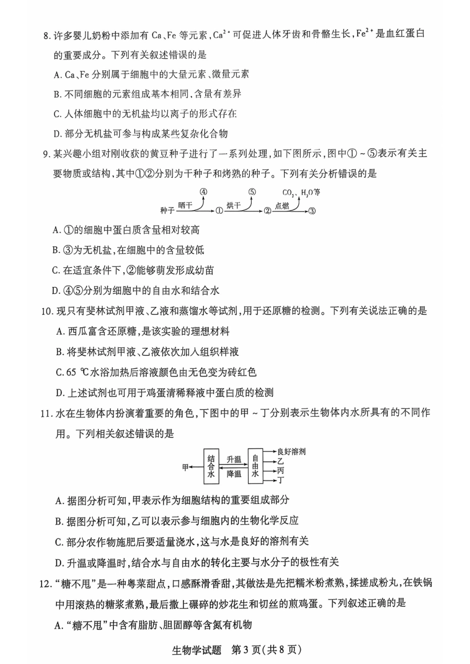 安徽省多校联盟2024-2025学年高一上学期10月月考生物试题.pdf_第3页