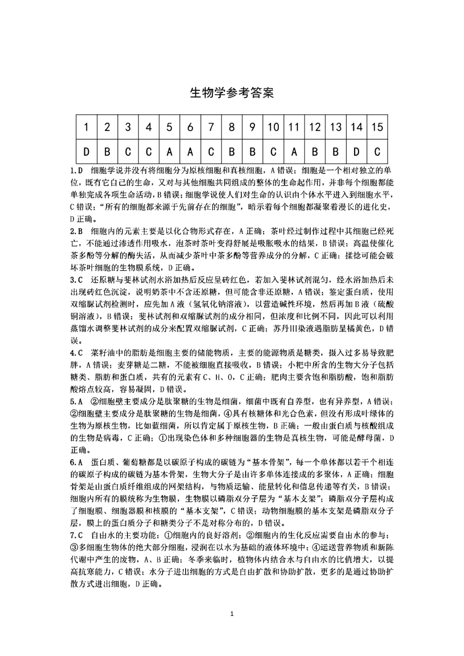 安徽师范大学附属中学2024-2025学年高一上学期12月月考生物答案.pdf_第1页