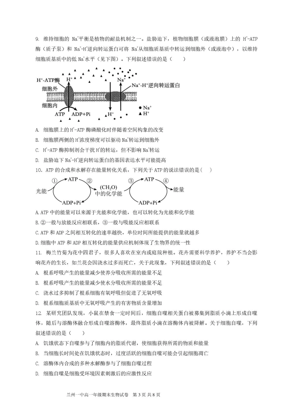 甘肃省兰州第一中学2024-2025学年高一上学期1月期末考试生物试卷（图片版）.pdf_第3页