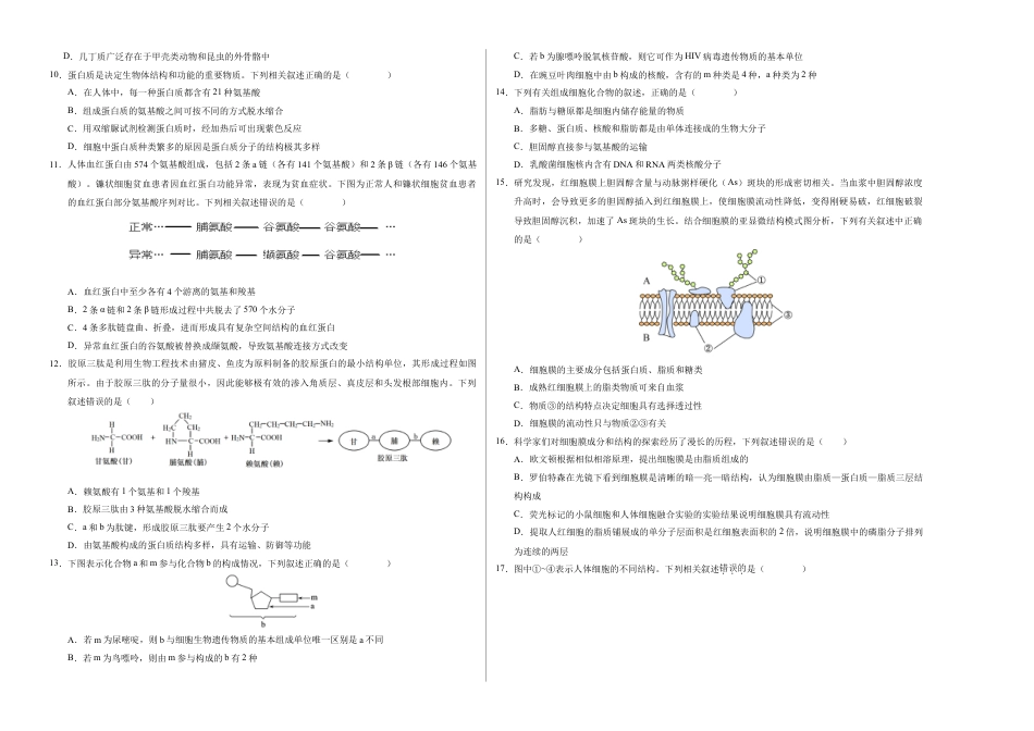 高一生物期中模拟卷【测试范围：第1~4章】（考试版A3）（新八省通用）.docx_第2页