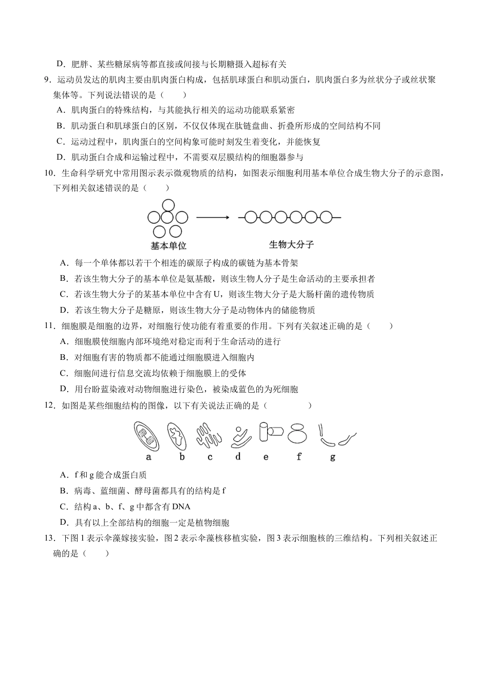 高一生物期中模拟卷01【测试范围：人教版2019第1~4章】（考试版A4）（新高考通用）.docx_第3页
