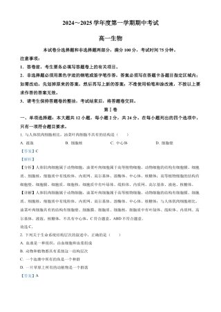 广东省茂名市电白区2024-2025学年高一上学期11月期中考试生物试题  Word版含解析.docx