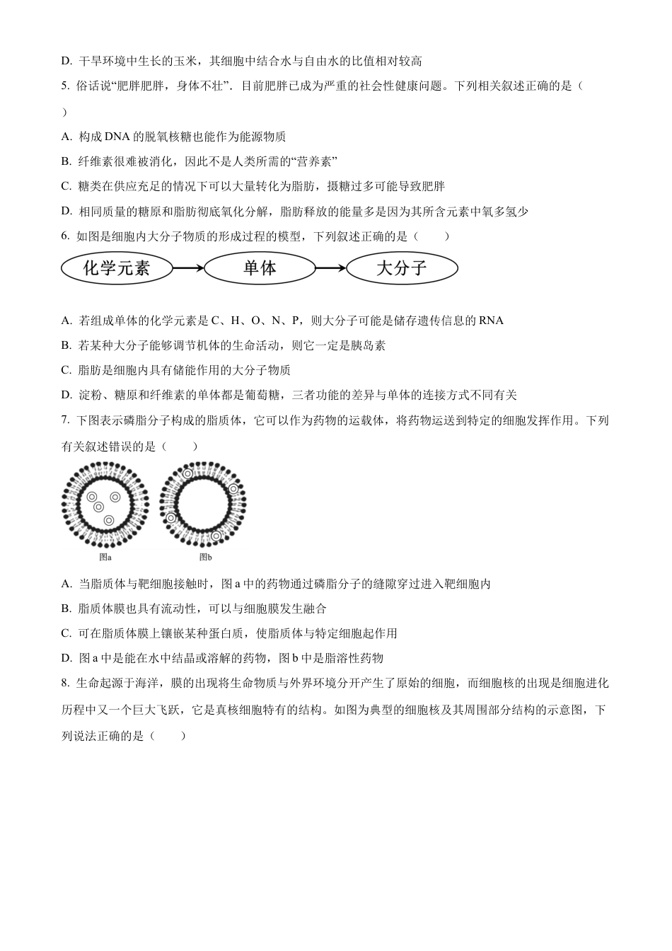 广东省清远市九校联考2024-2025学年高一上学期11月期中生物试题  Word版无答案.docx_第2页