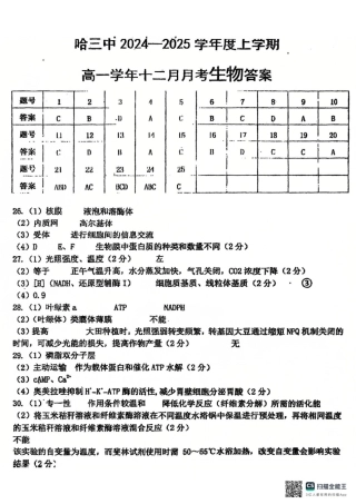 哈三中2024-2025学年度上学期 高一学年12月月考 生物参考答案.pdf