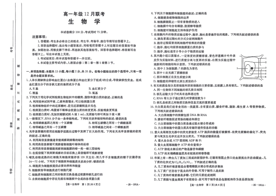 河北省百万联考2024-2025学年高一上学期12月联考生物试题_生物试题.pdf_第1页