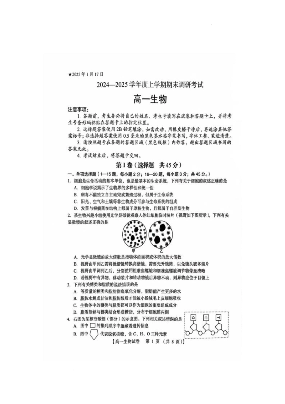 河南省三门峡市2024-2025学年高一上学期1月期末生物试题.docx_第1页