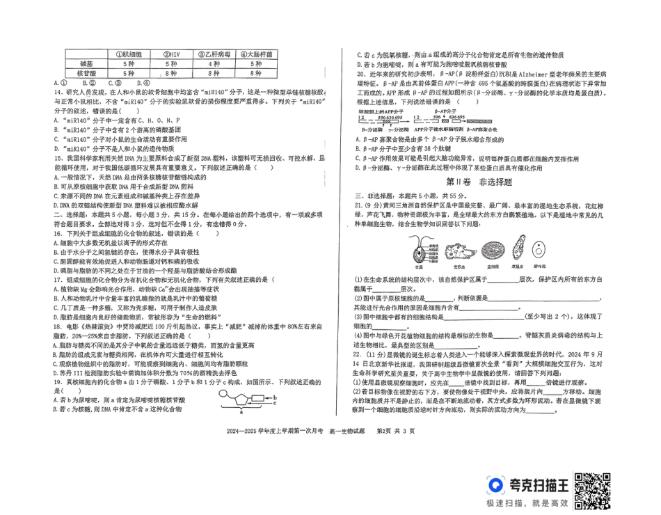 吉林省部分学校2024-2025学年高一上学期10月月考生物试题.docx_扫描件_高一生物试题.pdf_第2页