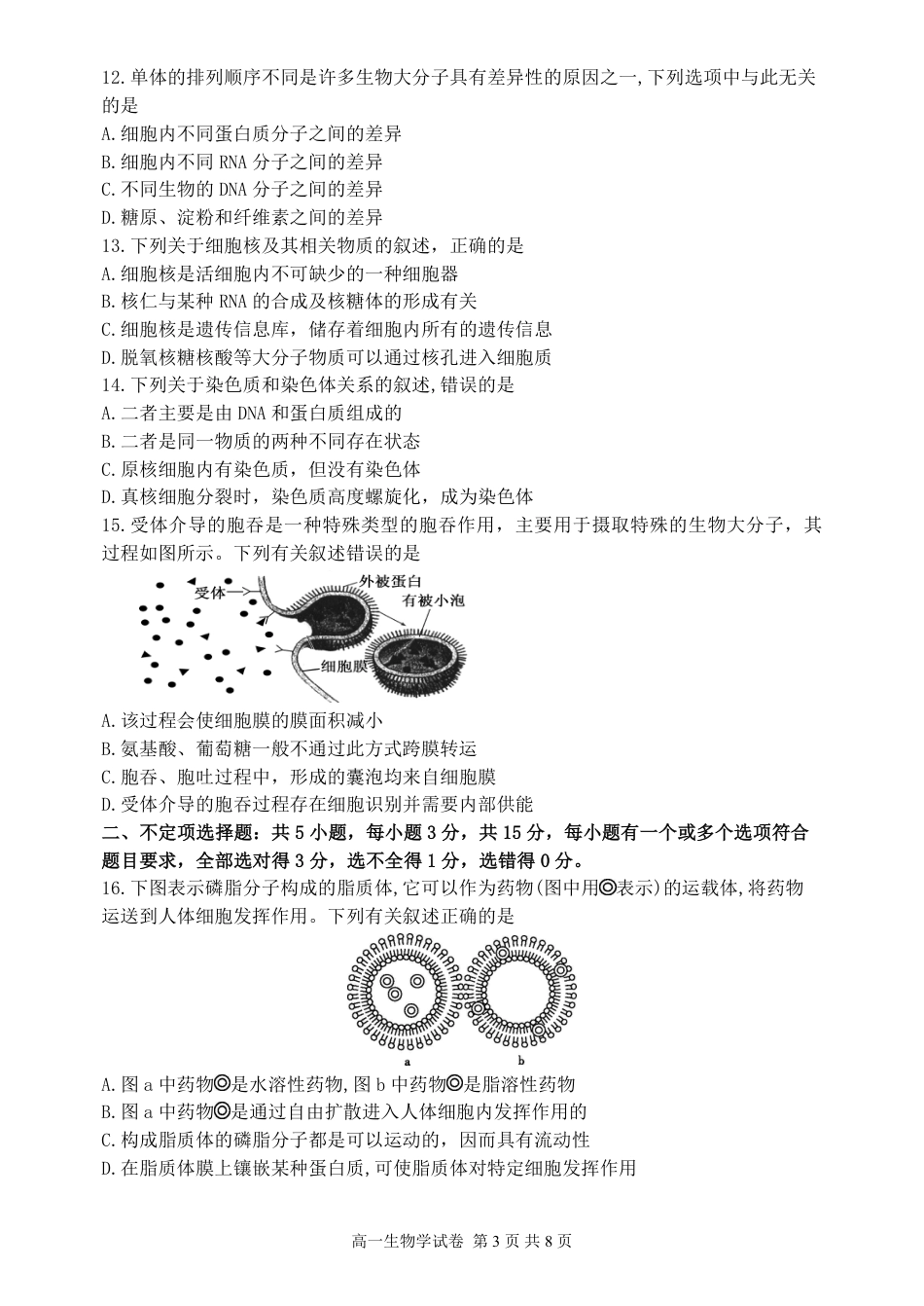 辽宁省丹东市2024-2025学年高一上学期教学质量调研测试生物试卷.pdf_第3页
