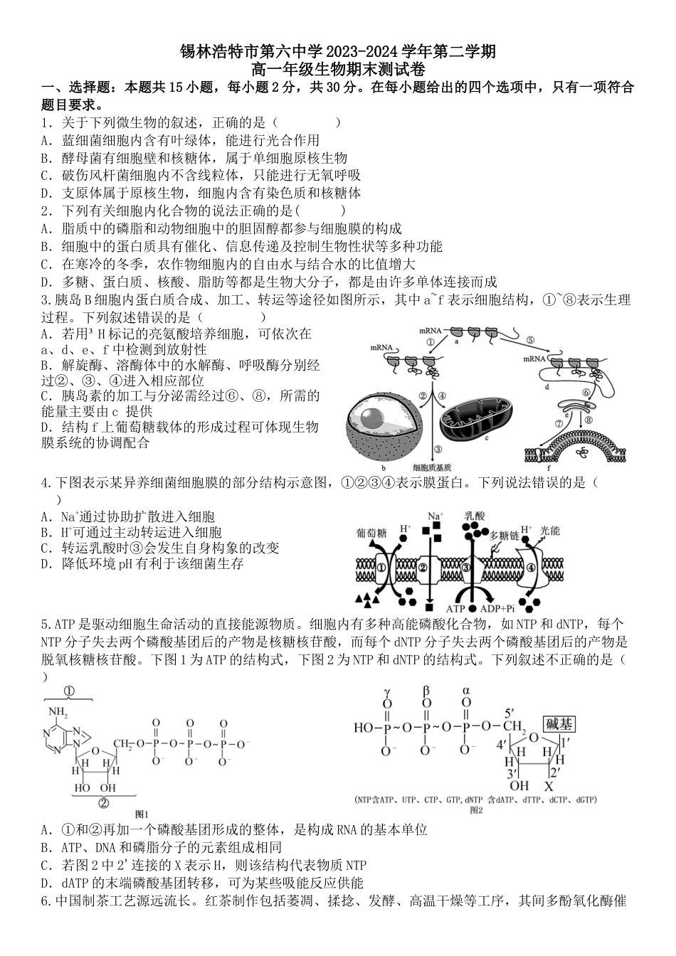 内蒙古锡林郭勒盟2023-2024学年高一下学期7月期末_生物打印.docx_第1页