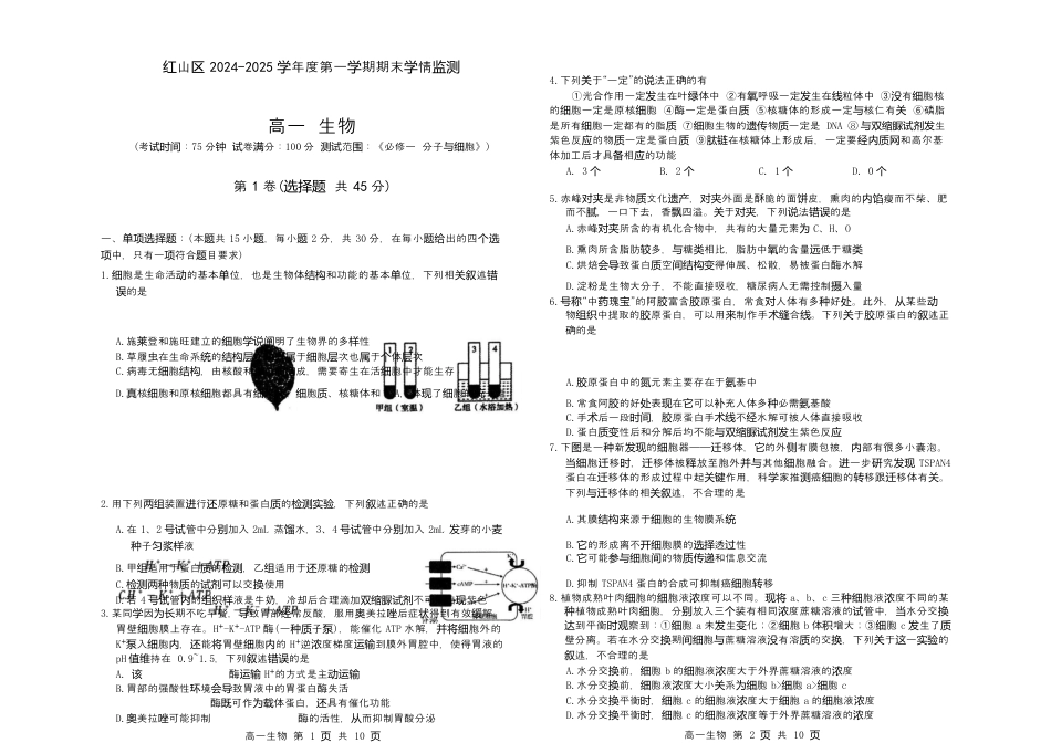 内蒙古自治区赤峰市红山区2024-2025学年高一上学期期末统考生物试卷.docx_第1页