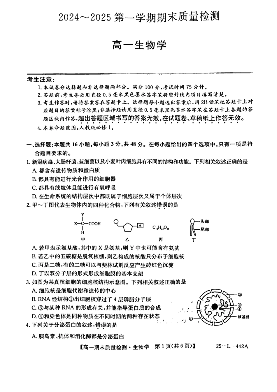 陕西省榆林市八校联考2024-2025学年高一上学期1月期末考试 生物 PDF版含解析.pdf_第1页