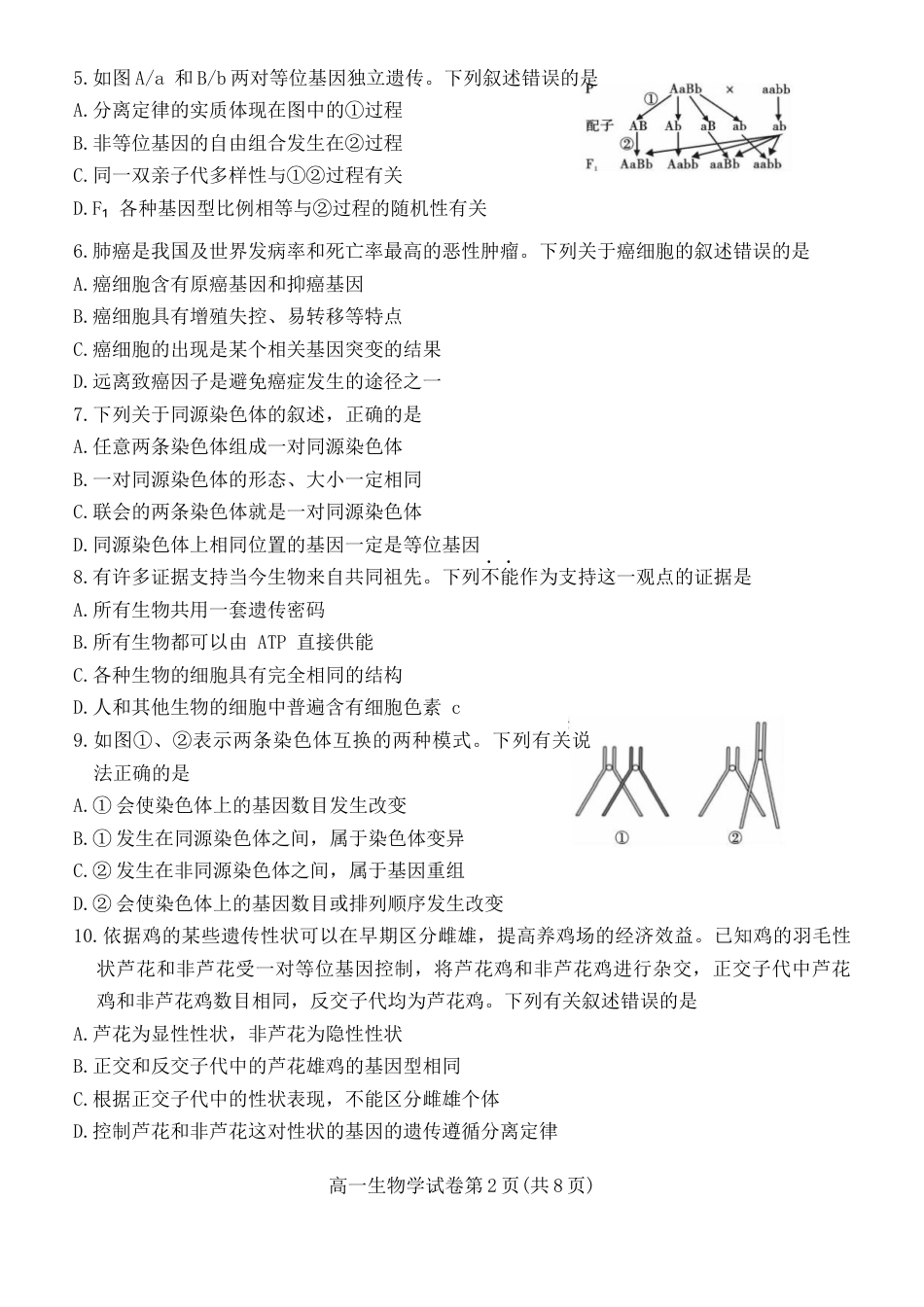 四川省内江市2023-2024学年高一下学期期末考试生物试题.docx_第2页