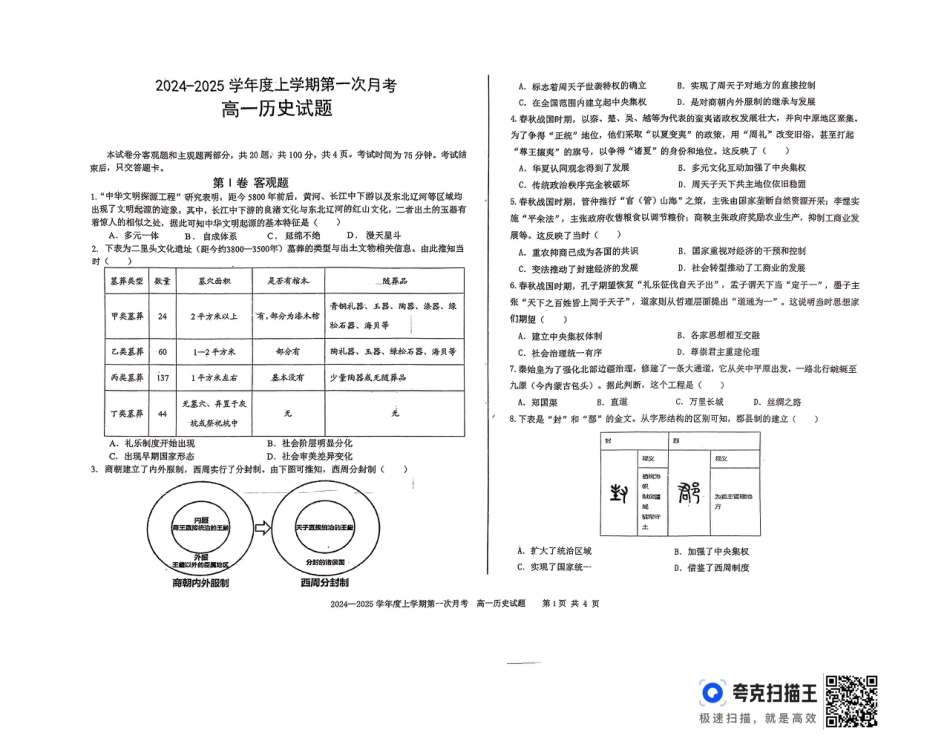 吉林省部分学校2024-2025学年高一上学期10月月考历史试题.docx_扫描件_高一历史试题.pdf_第1页