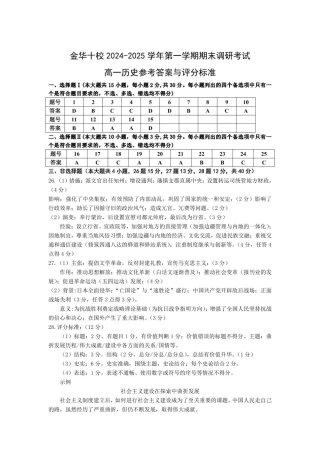 浙江省金华十校2024-2025学年高一上学期期末调研考试  历史  Word版含答案_高一历史参考答案与评分标准(1).pdf