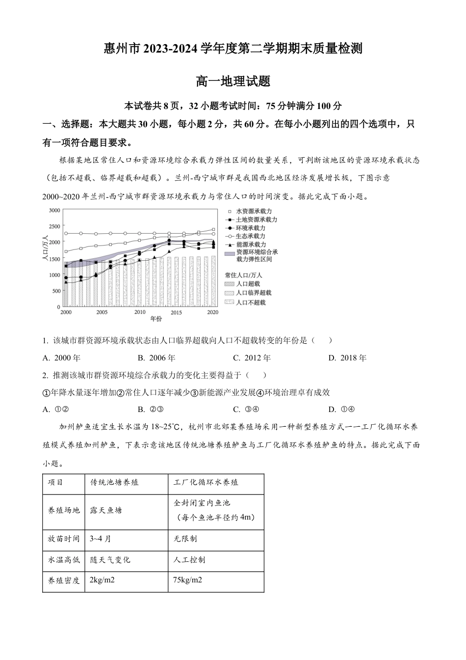 广东省惠州市2023-2024学年高一下学期期末质量检测地理试题.docx_第1页