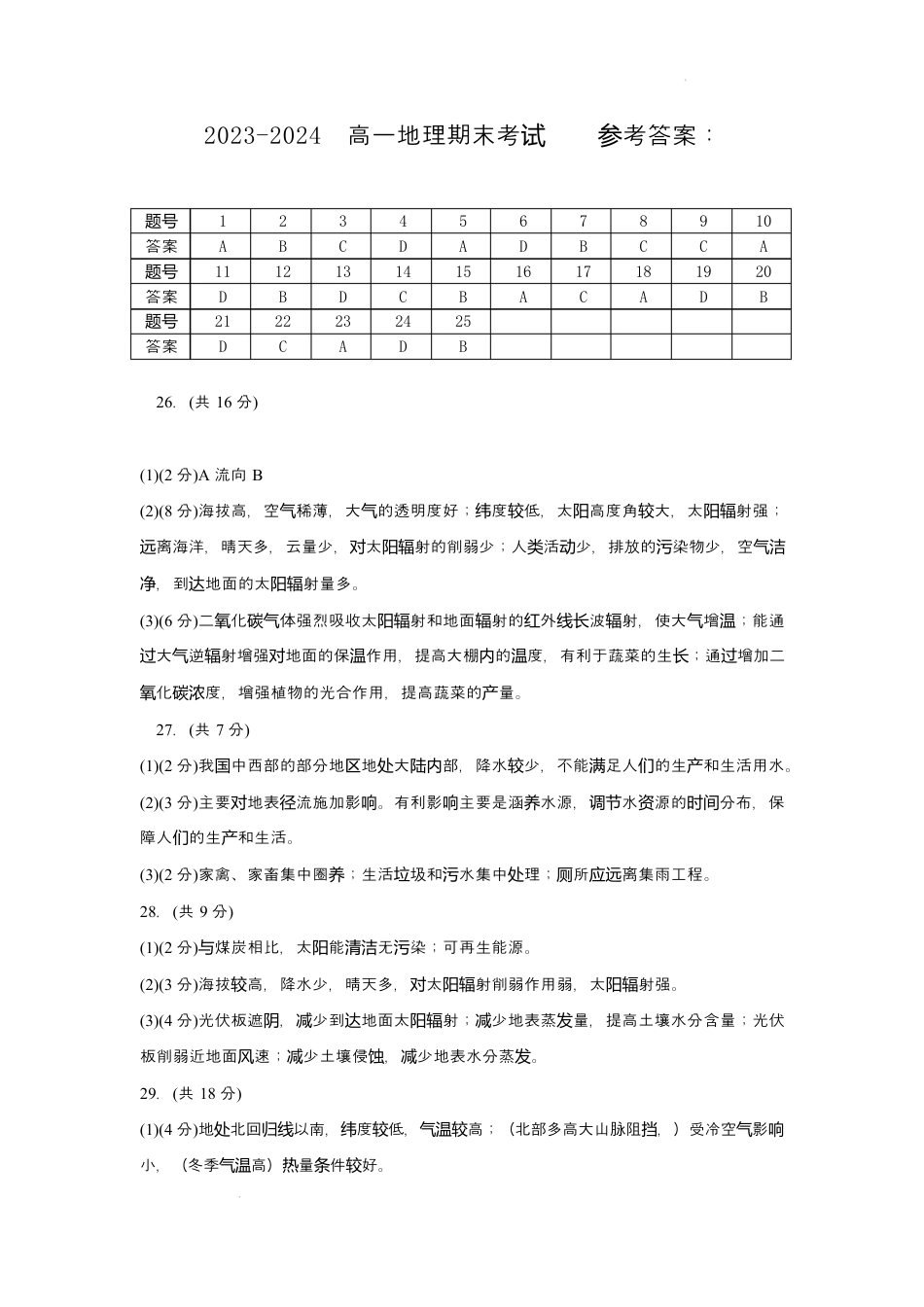 内蒙古自治区赤峰市红山区2024-2025学年高一上学期期末考试  地理  Word版含答案_高一地理答案.docx_第1页
