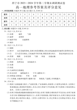 青海省西宁市2023-2024学年高一下学期期末调研测试_高一地理答案.pdf
