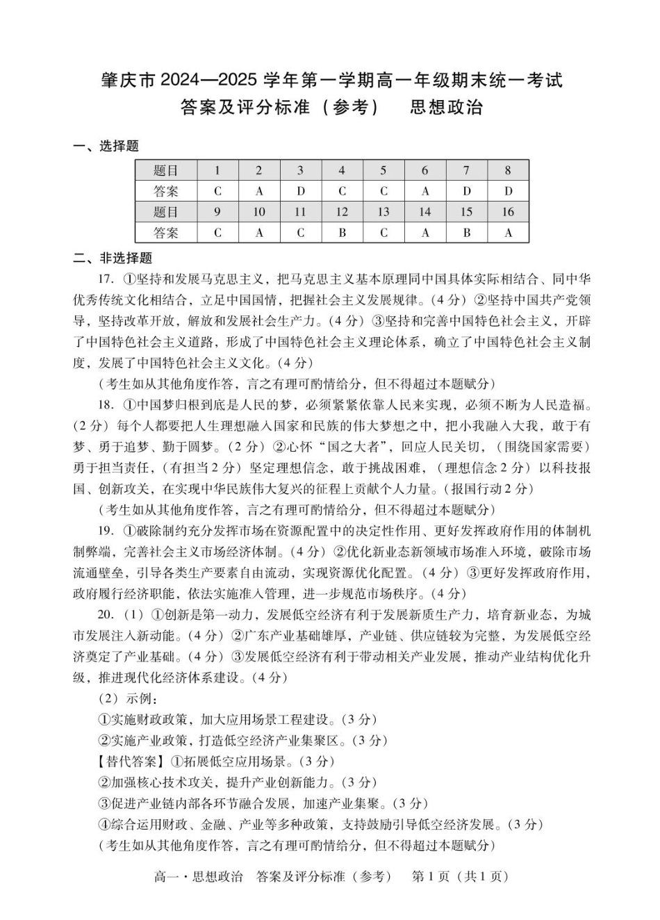 广东省肇庆市2024-2025学年高一上学期期末统一考试  政治  PDF版含答案_肇庆高一上思想政治答案.pdf_第1页