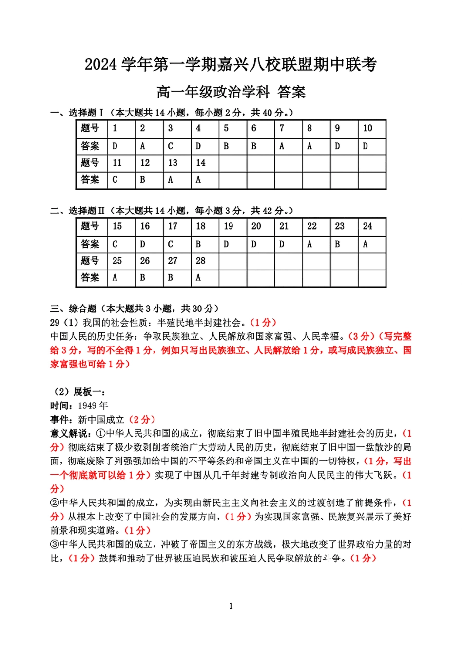浙江省嘉兴八校2024-2025学年高一期中_政治学科答案.pdf_第1页