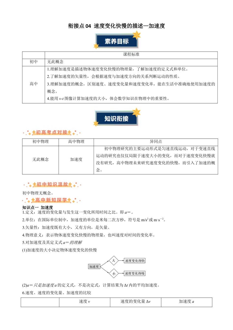 衔接点04 速度变化快慢的描述—加速度（解析版）.docx_第1页