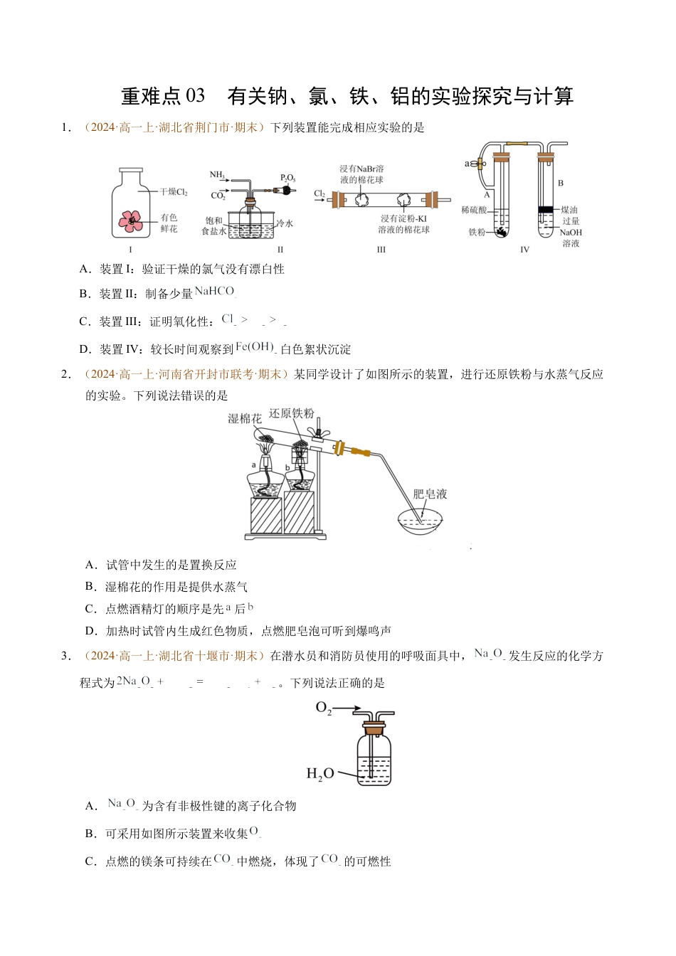 重难点03 有关钠、氯、铁、铝的实验探究与计算（原卷版）.docx_第1页