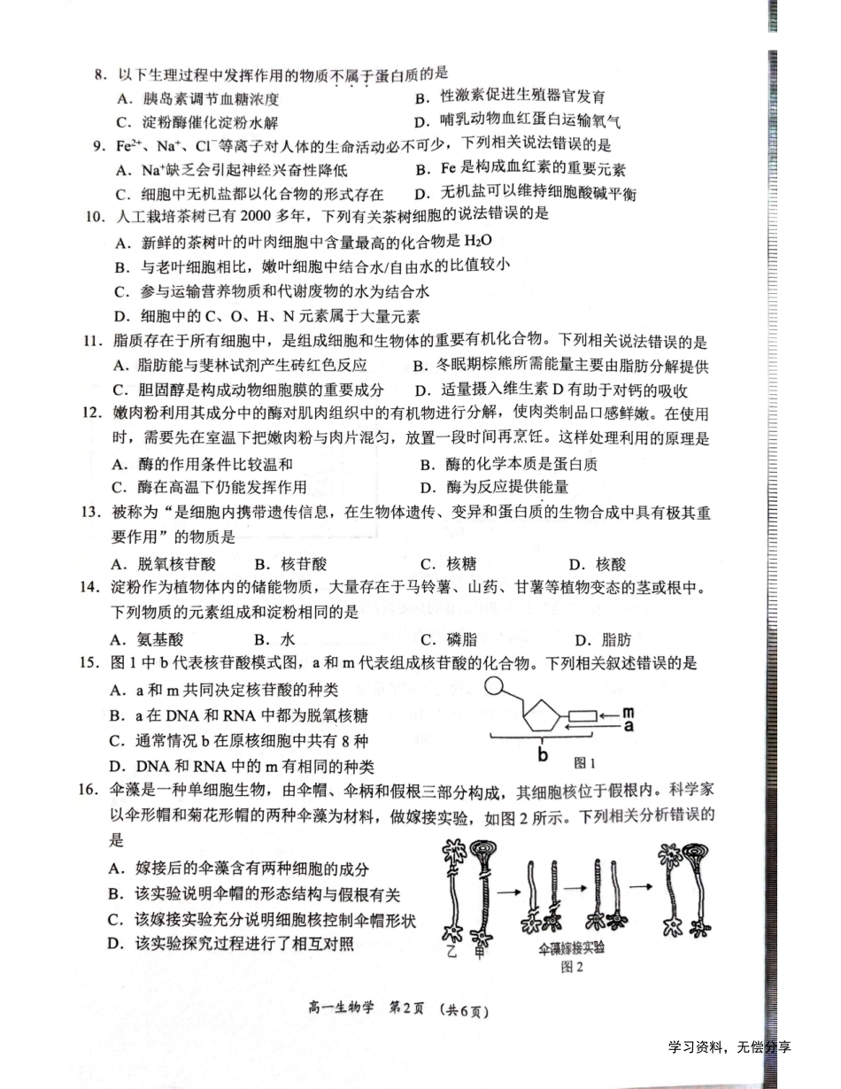 柳州市2024-12月高一联考生物试卷.pdf_第2页