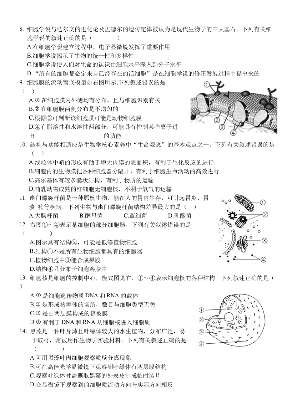 浙江省丽水市五校高中发展共同体2024-2025学年高一上学期11月期中联考生物试题.docx_第2页