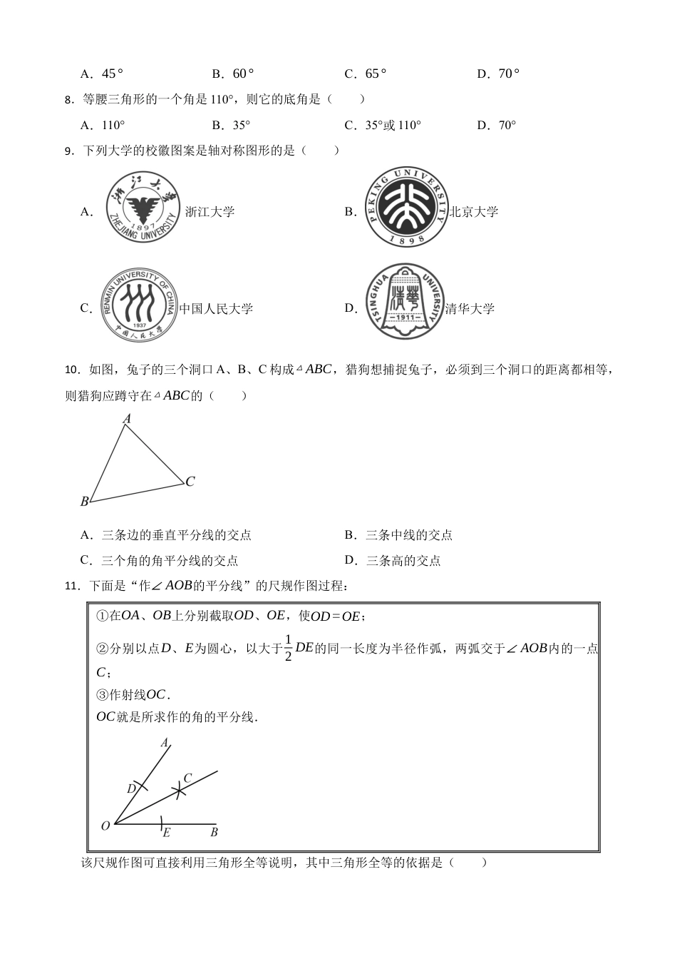 北师大版（2025）七年级数学下册-第五章图形的轴对称综合题（含答案）.docx_第3页