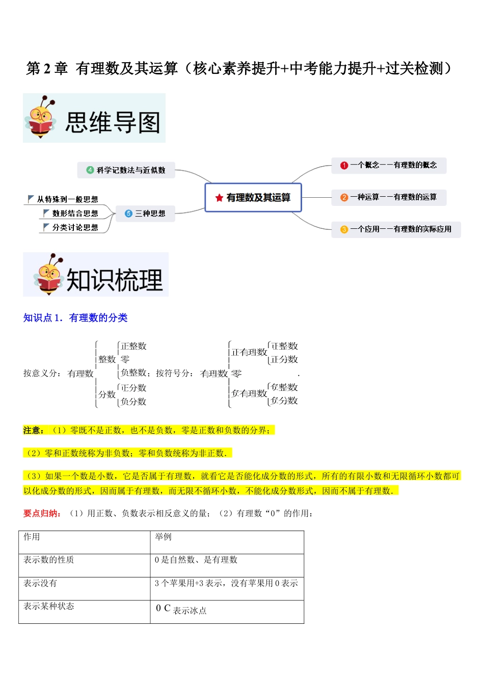 北师大版七年级上册第2章 有理数及其运算（核心素养提升+中考能力提升+过关检测）原卷版.docx_第1页