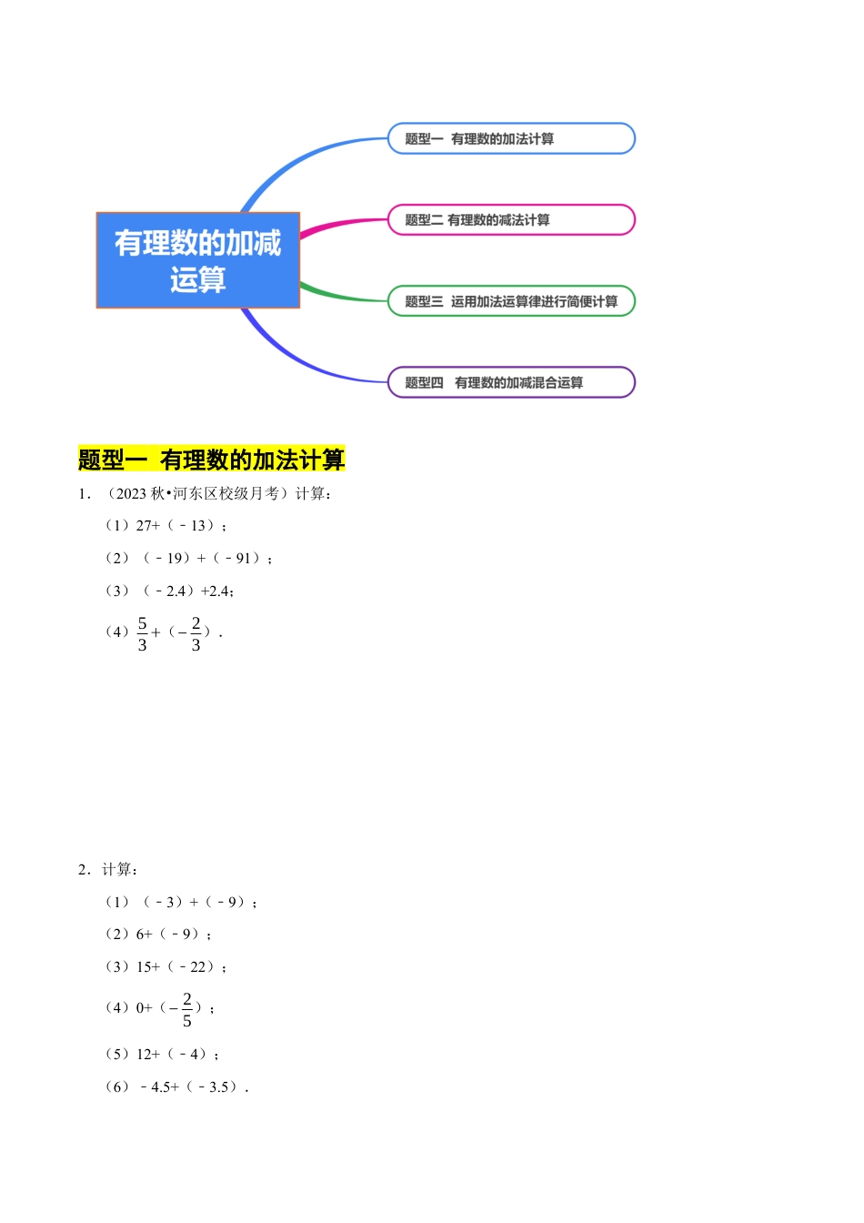 北师大版七年级上册专题 有理数的加减运算计算题（50题）（4大题型提分练）（原卷版）.docx_第2页
