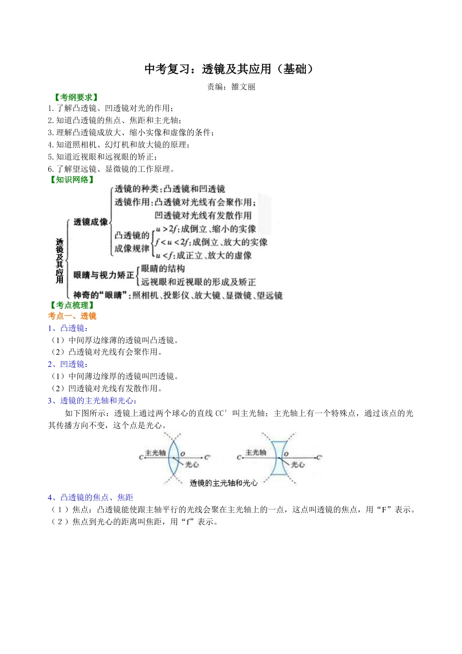 中考复习：透镜及其应用（基础）知识讲解-沪科版初中物理.docx_第1页