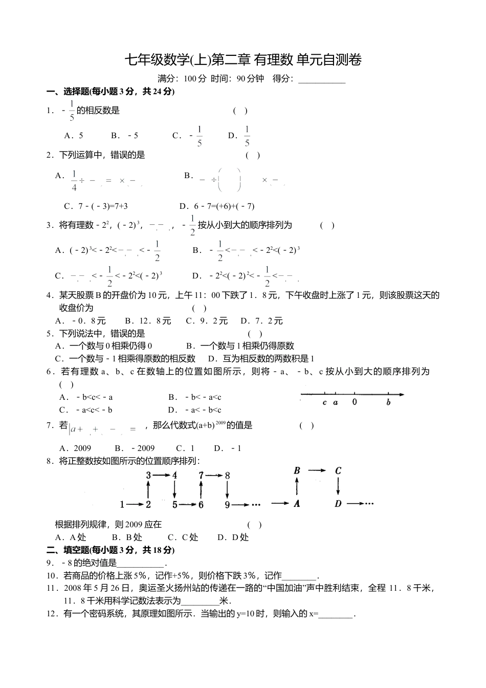 苏科版七年级第二章 有理数 单元测试（A）(1)-苏科版数学七年级上.doc_第1页