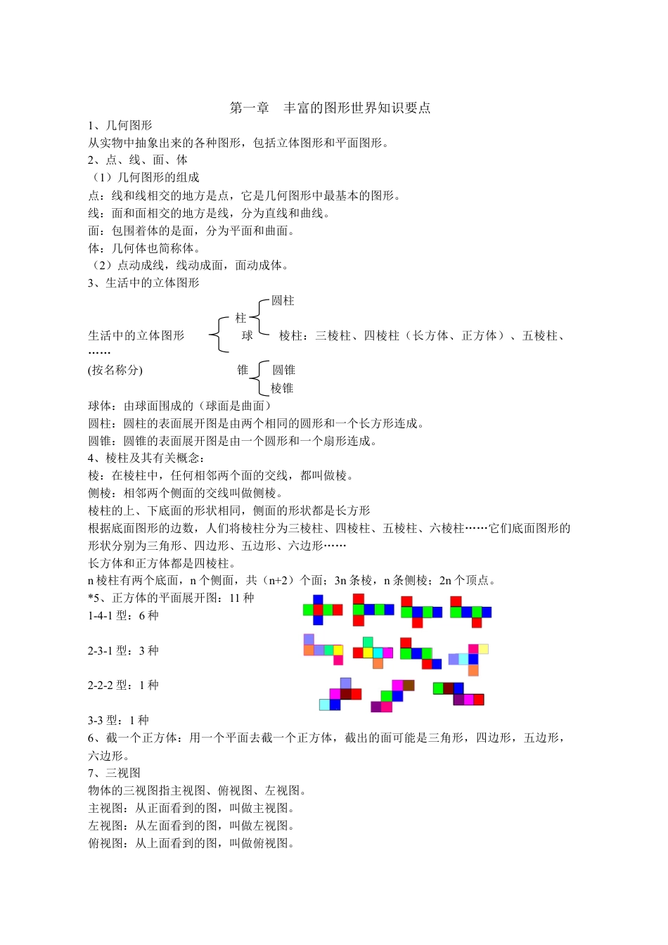 北师大版七年级上册数学《第一章 丰富的图形世界》知识归纳.doc_第1页
