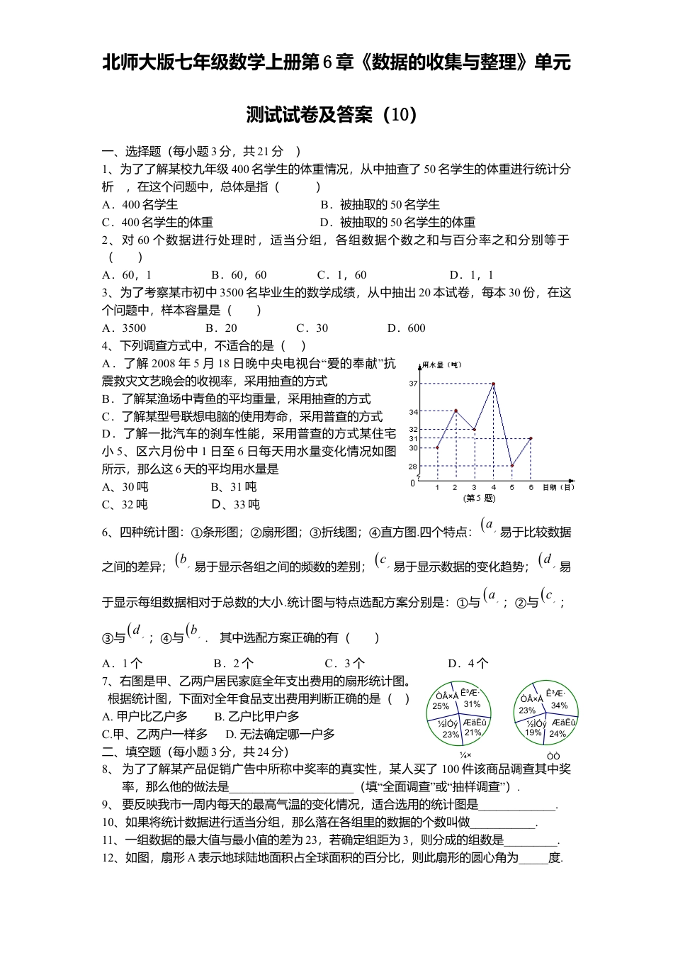 北师大版七年级数学上册第6章《数据收集与整理》单元测试试卷及答案10.doc_第1页