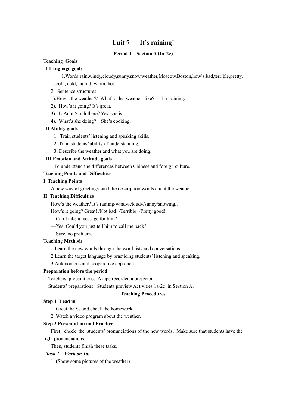 Unit+7+It`s+raining+(5课时英文电子教案）-年人教版七下.docx_第1页